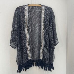 Jolt Black White Aztec Kimono Geo Triangle Cardigan Fringe Boho Festival S